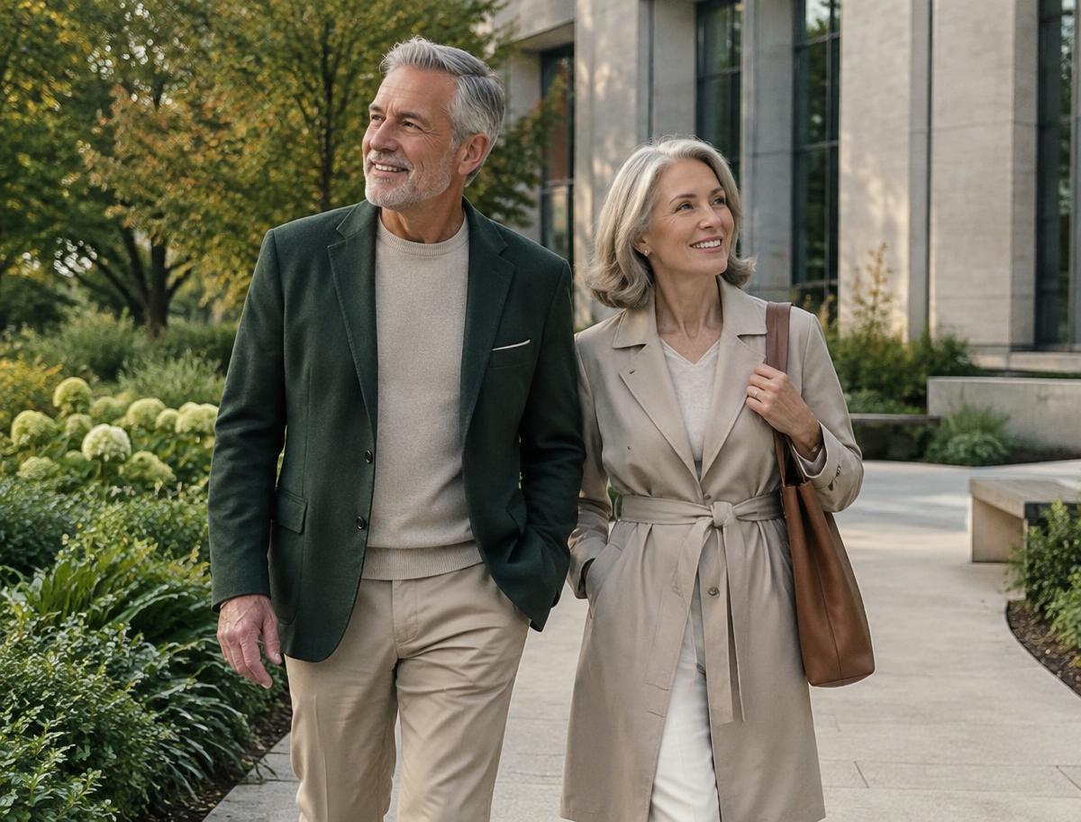 Mature couple walking confidently outside a modern building