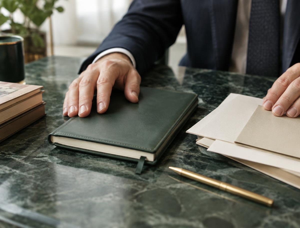 Financial planning notebook and documents on a refined desk